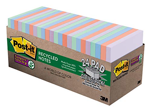 Post-it Super Sticky Recycled Notes, 3 in x 3 in, 24 Pads, 2x the Sticking Power, Bali Collection, P - //coolthings.us