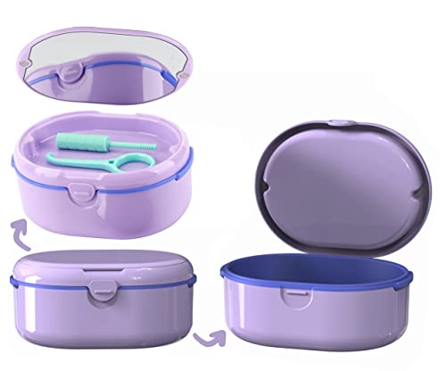 MURRI&MURRDI Tragbare Zahnprothese Box, Prothese Box mit Sieb, Zahnersatzkoffer Reinigungsbox, Zahnersatz-Reinigungsbäder mit Spiegel, Falsche Zähne Lagerung Reinigung (D Lila)