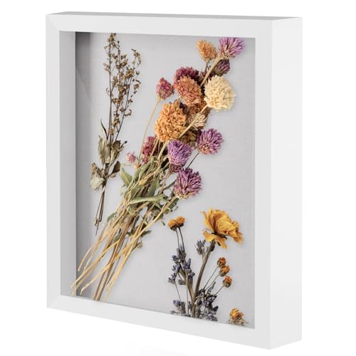 Muzilife 8x10 Shadow Box Picture Frame with Linen Board - Deep Wood & Glass Display Case Ready to Hang Memory Box Baby Sports Memorabilia, Pins, Awards, Medals, Wedding, Tickets and Photos (White)