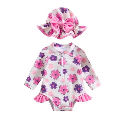 Aimaopao Maiô feminino de manga comprida com zíper e chapéu, Pétala rosa, 6-12 Months