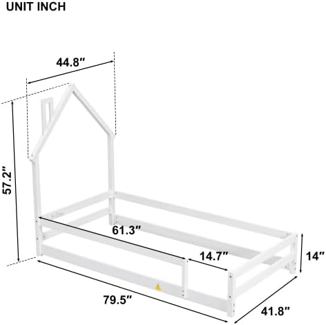 Miniatura 2 de Base de cama individual para niños, cama Montessori de tamaño individual con cabecera y barandillas en forma de casa, camas de madera de tamaño
