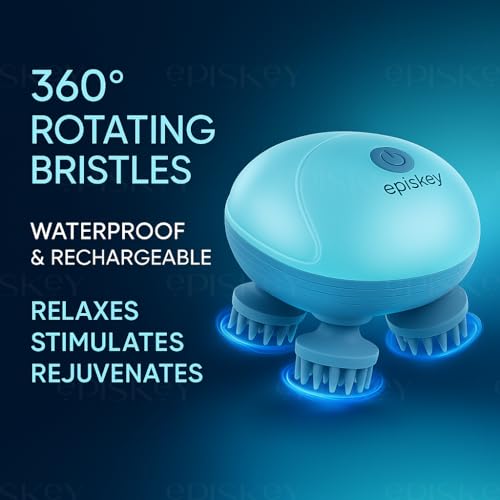 Image of Episkey Reviver Electric Scalp & Head Massager | 4 Rotating Kneading Heads with 96 Soft Silicone Nodes (Detachable & Washable) | Cordless Rechargeable Handheld for Relaxation & Stress Relief