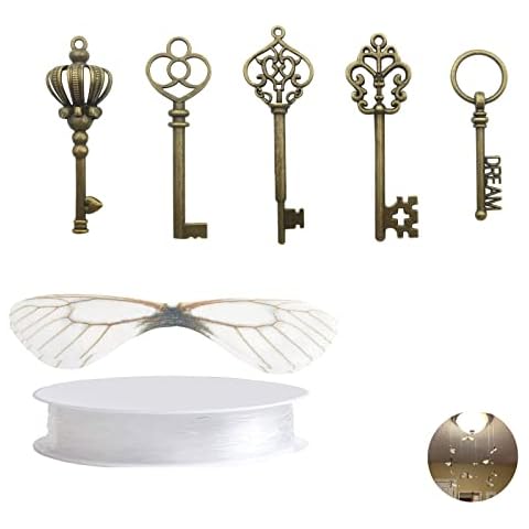 Youdiyla 30Pcs Vintage Skeleton Keys Flying Keys Charms Enchanted Key with 30 Pairs Dragonfly Wings and 15m Elastic Crystal String for Jewelry Making Necklace Crafts Room Decorations (30PCS) Cover