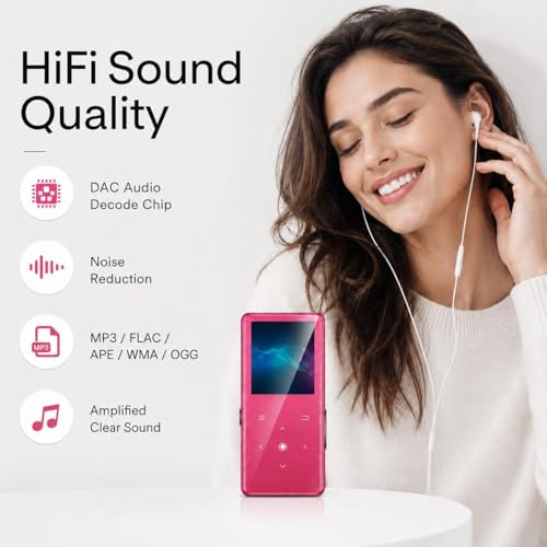 Image of 64GB MP3 Player with Bluetooth 5.2, Music Player with Built-in HD Speaker, FM Radio, Voice Recorder, HiFi Sound, E-Book Function, Rose Red