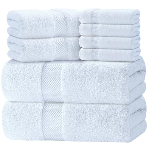 Luxury White Bath Towel Set of 8 Pieces – 100% Turkish Cotton 700 GSM Highly Absorbent Towels for Bathroom, 2 Bath Towels, 2 Hand Towels, 4 Washcloths