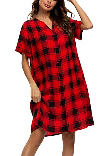 Yozly House Dresses For Elderly Lightweight Moo Moos For Women Button Down Nightgown Plaid Red, Xx-Large #TOP1
