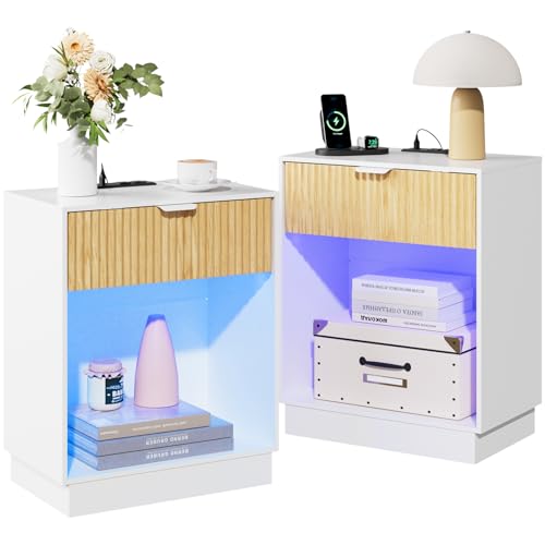 Image of Fluted Nightstands Set of 2 with Charging Station & Built-in LED Lights, Bedside Tables with Wave Pattern Drawer & Open Shelf, Safe for Kids, Bedroom Storage