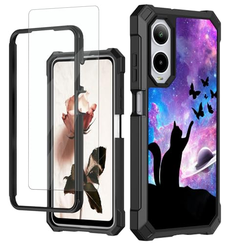 RAUEDWDJS for Cricket Debut S3 2024/AT&T Vista 2 Phone Case with Tempered Glass Screen Protector,Full-Body Hard PC & Soft TPU Bumper Shockproof Protective Case-Nebula Cat Butterfly