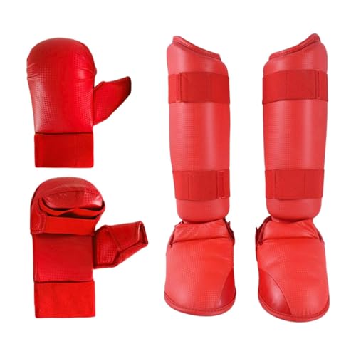 kowaku Equipo de de Karate, Guantes de Boxeo, espinilleras con Calzado, Equipo para Principiantes de Sanda, Rojo, M