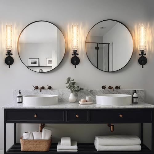 Image of Brass Knurled Bathroom Sconces Set of 2, 19.5 Inch Black Vanity Light Fixtures with Water Ripple Glass Tube Modern Wall Lamp for Bathroom Mirror Bedroom Living Room Hallway