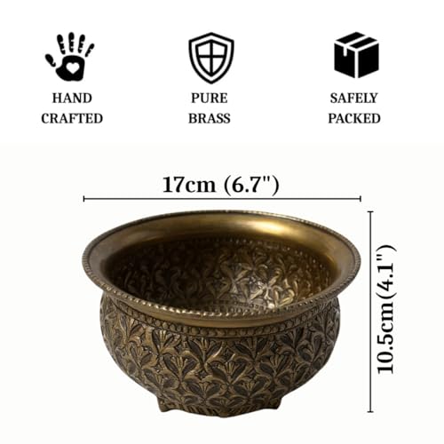Image of Decorative Brass Chitai 7 inches Urli | Table Centerpiece Flower Floating Bowl | Urali for Mandap, Haldi, Mehendi, Wedding, Reception Decor | Brass Antique | 1000ml