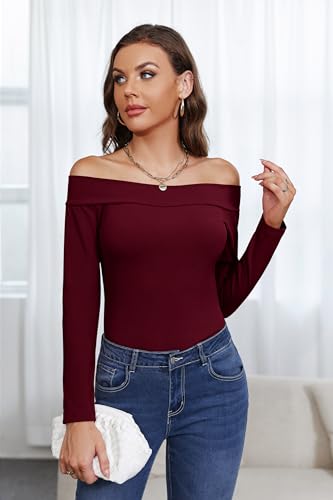 Fessceruna Camiseta de manga larga para mujer, sexy, con hombros descubiertos, elegante, para otoño, informal, ajustada, borgoña, L