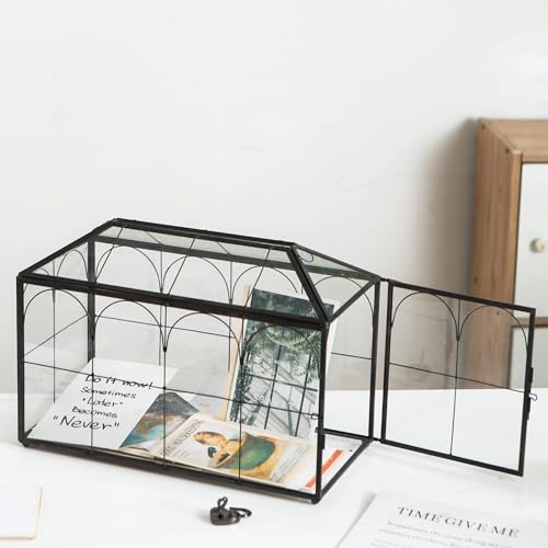 Sanllusit KPX4-B Wedding Card Box With Slot, 12.6'' Large Glass Card Boxes For Reception, Black Geometric Holder thumb #1