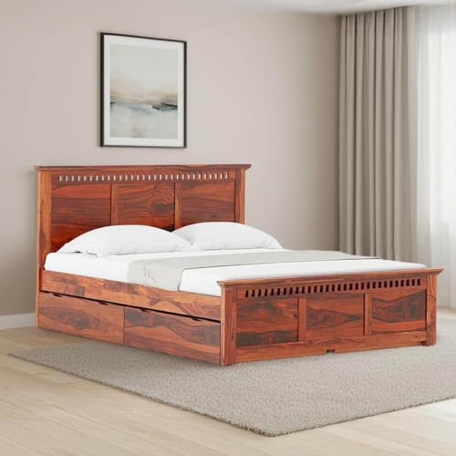 Urban Ladder Fidora Bed for Bedroom | Queen Size Bed | with Storage Bed| Sheesham Wood Bed| Honey Finish