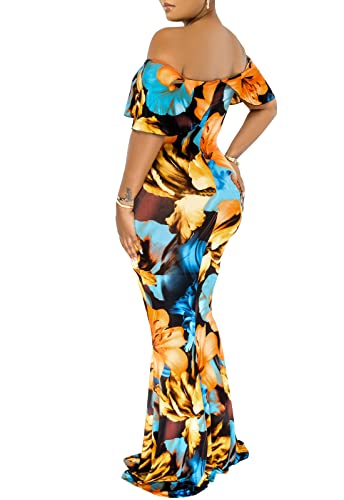 Women's Sexy Summer Off Shoulder Maxi Dress Floral Ruffle Evening Party Long Dress2