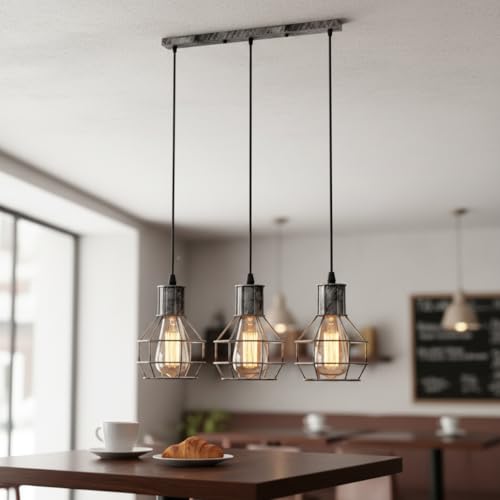 LEDSone 3 Light Industrial Ceiling Pendant Light, Brushed Silver Geometric Cage Bar Fitting, E27 Adjustable Hanging Lamp, 50cm Vintage Chandelier for Kitchen Island Dining Room