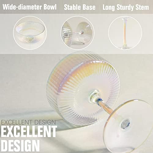 2 Pcs Ribbed Coupe Glasses, 10 oz Vintage Cocktail Coupe Glasses Set, Classic Cocktail Galssware, Bar Drinking Glasses Set Pefect, Wine, Champagne & Gift (Iridescent) - Image 4