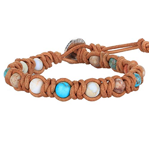 Kelitch Natural Leather Wrap Bracelet Agate Crystal Skull Mix Beaded Bracelet For Women Men Strand Bracelets New (Turquoise 05C) #TOP13