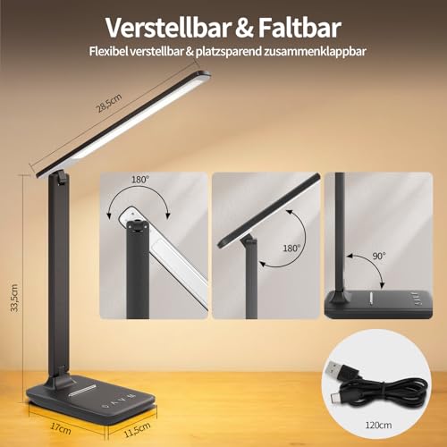 UPXNBOR Schreibtischlampe LED Dimmbar, Tischlampe mit Augenschutz & USB-Ladeanschluss, 5 Farbtemperaturen & 5 Helligkeitsstufen, Touch-Steuerung, faltbar, für Büro, Lesen und Homeoffice