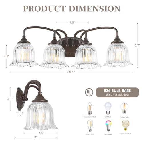 Image of Oil Rubbed Bronze 4-Light Bathroom Light Fixtures with Floral Glass Shade | Vintage Vanity Lights Wall Sconces Over Mirror for Bathroom Powder Room
