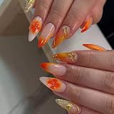 MouyouGlow Press on Nails Kurz,Almond Orange French 3D Gold Aura...