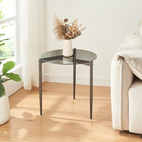 [en.casa] Table d'Appoint avec Plateau Rond en Verre Fumé Petite Table Basse Bout de Canapé Guéridon Chevet pour Salon Chambre Bureau Acier 50 x 50 cm Gris