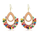 Pendientes de madera de ratán bohemio con cuentas de gancho de pescado/lágrima para mujeres y niñas, Madera Metal, Cuentas de madera