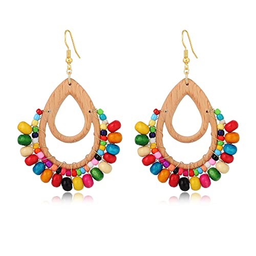 Boucles d'oreilles fait main en rotin et perles de bois de qualité supérieure