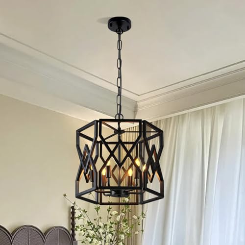 6 Light Iron Black Farmhouse Chandelier,Tricolor Rustic Birdcage Hanging Light With Hexagonal Border,Adjustable Height Industrial Pedant Light With E12 Base for Kitchen Island,Foyer,Entryway,Indoor