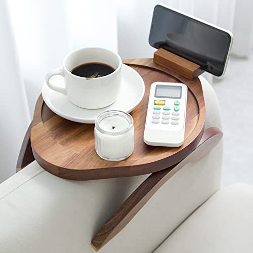 Heavy Duty Acacia Sofa Armrest Tray, Farmhouse Style Wooden Arm Tray, Clip On Tray For Most Couch Arm Width, Customized Oval Sofa Tray Table, Folding Snack Table With 360 Rotating Phone Bracket #TOP26