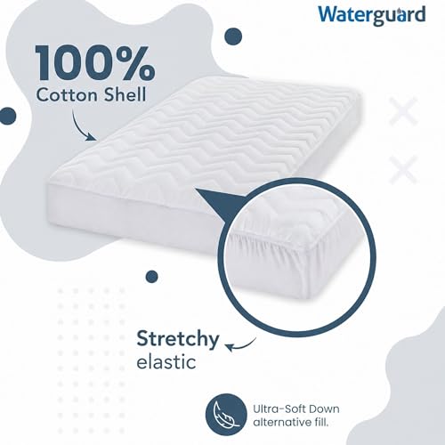 Image of Waterguard Quilted Cotton Mattress Pad - Crib Size - Soft, Comfortable, and Fluffy Mattress Pad - Waterproof Mattress Protector Stretched 7 inch for Snug Fit on Regular Sized Mattress.