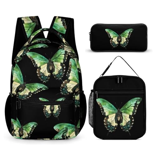 Three Color Green Butterflys Travel Backpack Lunch Box Pencil Case 3Pcs Set for Men Women Office Outing University