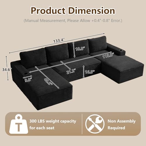 Image of 133 inch U-Shape Cloud Couch, Modern Modular Sectional U-Shape Sofa, Corduroy Boneless Couch Upholstered Couches Deep Seat Sleeper Chaise Longue for Living Room, No Assembly Required, Black