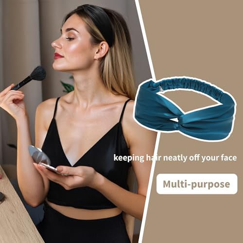 Image of ZLYC Mulberry Silk Headband for Women's Hair, Solid Mineral Blue | smooth luxury real silk, stretch elastic no slip fit, makeup spa skincare use, travel daily wear,boho fashion hair accessory