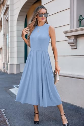 Image of Newshows Women 2025 Work Dress Sleeveless Crew Neck Office Business Casual Outfits Midi Elegant Dresses with Pockets