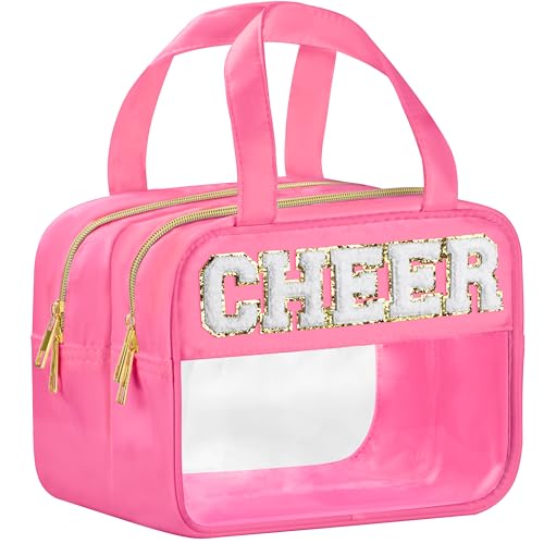 BuyCard Cheer Chenille Letter Bags Clear Makeup Bag for Travel, Cheerleader Gifts Cosmetic Bag with Handles and Zipper, Nylon & PVC Waterproof Large Cheer Accessories Toiletry Bag for Women