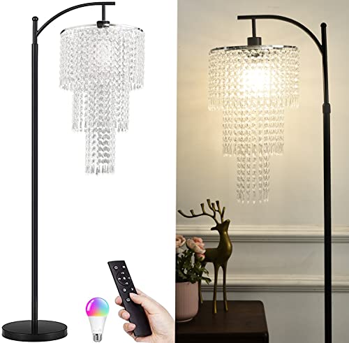 ZECOXOL Arc Floor Lamp for Living Room Modern Floor Lamp with Remote Control Dimmable Crystal Floor Lamps Black Standing Lamp with 10 Color Temperature Tall Chandelier Floor Lamps for Bedroom Corner