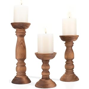 Farmhouse Wooden Candle Holders for Pillar Candles Set of 3, Rustic Wood Candle Holder Table Centerpiece Decor, 12” 9” 6” Vintage Tall Candle Stand Decorative, Brown