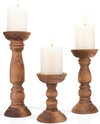 Farmhouse Wooden Candle Holders for Pillar Candles Set of 3, Rustic Wood Candle Holder Table Centerpiece Decor, 12'' 9'' 6'' Vintage Tall Candle Stand Decorative, Brown