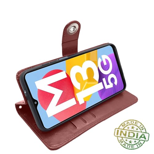 Image of Pikkme Samsung Galaxy M13 5G Flip Cover Leather Finish | Inside TPU with Card Pockets | Wallet Stand and Shock Proof | Complete Protection Button Flip Case (Brown)