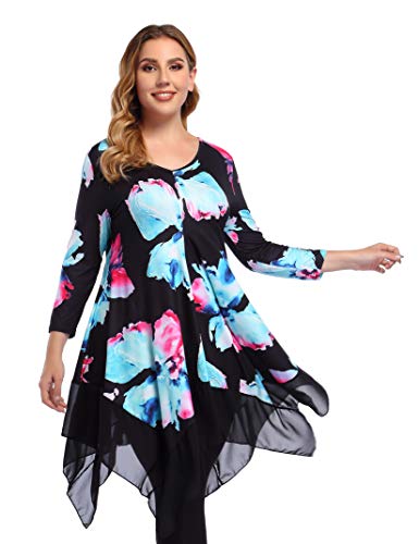 LOPILY T-Shirt Décontracté Manches Longues Col V Imprimé Floral Ourlet Irrégulier - Femme