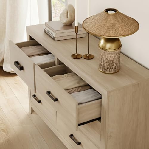 WAMPAT Farmhouse Entertainment Center with Bookshelves, TV Stand Set with Glass Doors & 6 Drawers, Wood Media Console for Living Room, Bedroom, Beige image 5