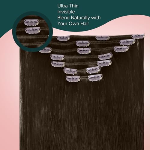 Image of Easyouth Clip in Human Hair Extensions Brown Straight Hair Extensions Clip ins Darkest Brown Clips in Hair Extension Real Human Hair Ease of Use 14 Inch 7Pcs 85G