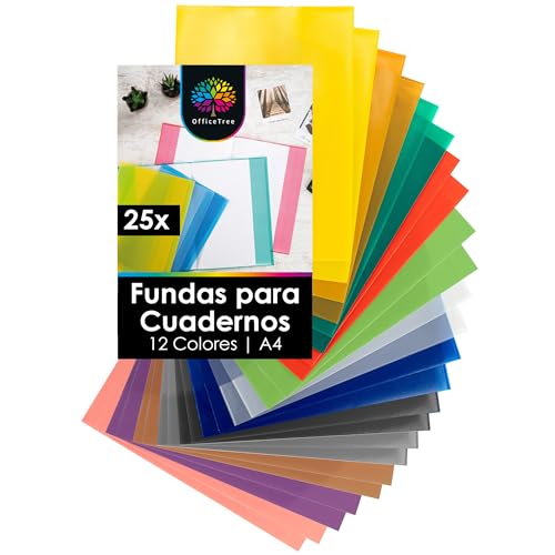 OfficeTree 25x Fundas de Cuadernos A4 – 12 Colores – Forrar Libros Escolares para el Colegio y la Oficina - Repelente a la Suciedad y al Agua - Fundas de Plastico para Libros y Cuaderno