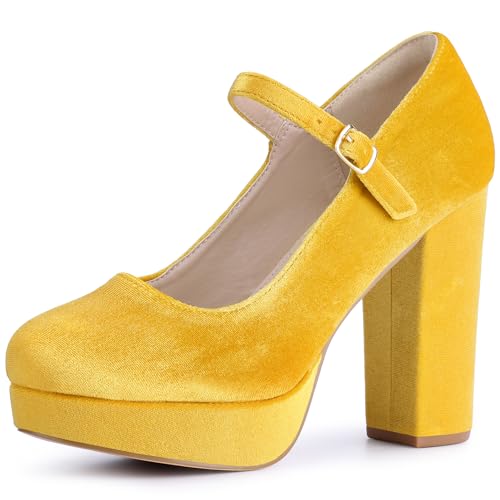 Perphy Velvet Court Shoes Platform Chunky Heels Mary Janes Pumps for Women Yellow 7 UK/Label Size 9 US