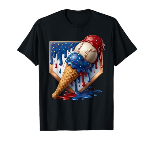 American Distressed Baseball Boys Ice Cream Drip Baseball T-Shirt