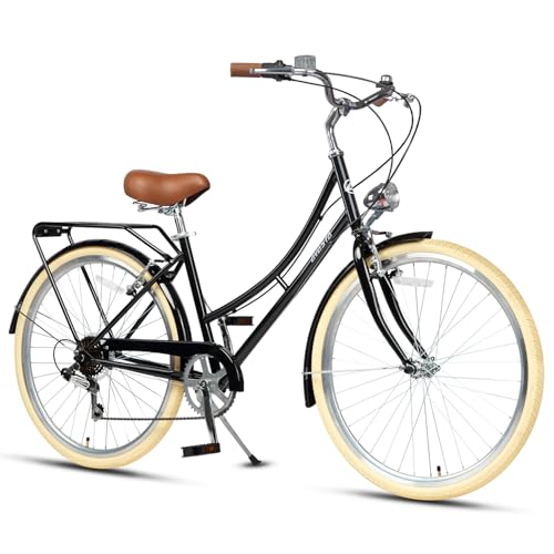 AVASTA 26 Inch Hybrid Bike, Lightweight Step-Through Hi-Ten Steel Frame for City Commuting, 6 Speed Comfort Bicycle with Light in Elegant Black with Stylish Beige Tires for Woman Female