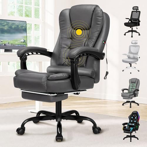 ELFORDSON Massage Office Chair for Home Office Ergonomic Computer Desk Chairs with Footrest Armrest PU leather Chair for Adults Ergonomic Chairs for Heavy Duty (Grey)