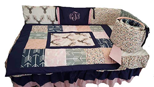 Woodland 1 to 4 Piece baby girl nursery crib bedding Quilt, rail guard, and bed skirt, Buck, deer, fawn, head silhouette, Arrow, Teepee, Aztec, Navy Coral, Gray, Pink