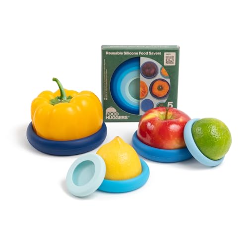 Food Huggers 5pc Reusable Silicone Food Savers | BPA Free | Plastic Free Food Storage | Dishwasher Safe | Fruit & Vegetable Produce Storage for Onion, Tomato, Lemon, Banana & Cans | Round, Ice Blue